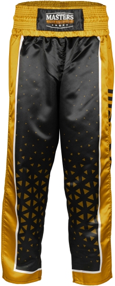 Długie spodnie do kickboxingu MASTERS "COMBAT" czarno-złote (WAKO APPROVED) S