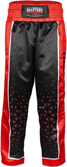 Długie spodnie do kickboxingu MASTERS "COMBAT JUNIOR" czarno-czerwone (WAKO APPROVED) 140